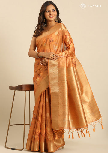 Warm Peach Organza Contemporary Printed Saree