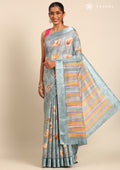 Powder Blue Watercolor Floral Printed And Plaids Woven Linen Saree - Taashi