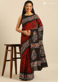 Red And Dark Brown Batik Printed Cotton Saree - Taashi