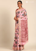 Pastel Pink Watercolor Floral Printed Tussar Saree - Taashi