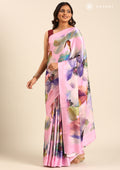 Pink Watercolor Floral Digital Printed Satin Saree - Taashi