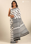 White X Black Printed Art Tussar Matka Silk Saree - Taashi