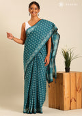 Teal Batik Floral Butta Printed Cotton Saree - Taashi