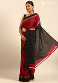 Red And Black Temple Border Printed Tussar Saree - Taashi