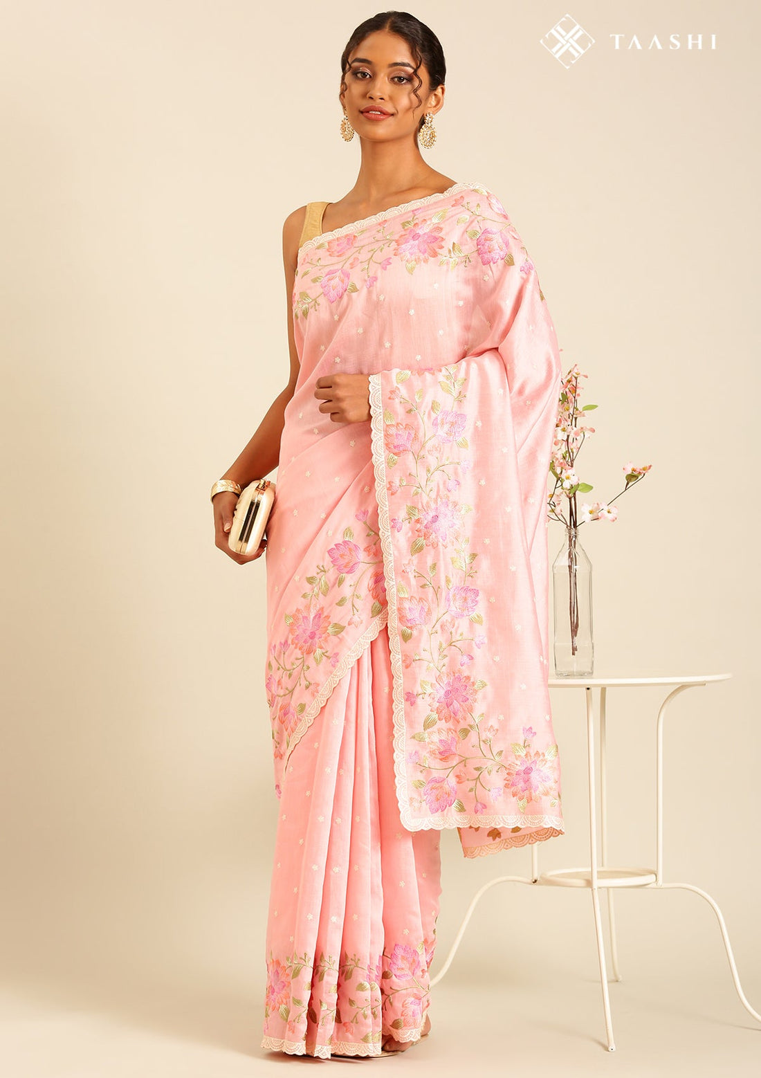 Pastel Pink Linen Contemporary Embroidered Saree