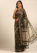 Dusty Green Zari Floral Butta Tussar Saree - Taashi