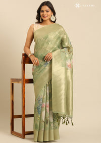 Dusty Green Organza Contemporary Printed Saree
