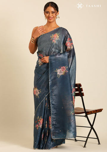 Indigo Blue Organza Contemporary Printed Saree
