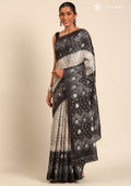 Grey Batik Printed Art Tussar Matka Silk Saree - Taashi