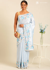 Powder Blue Linen Contemporary Embroidered Saree