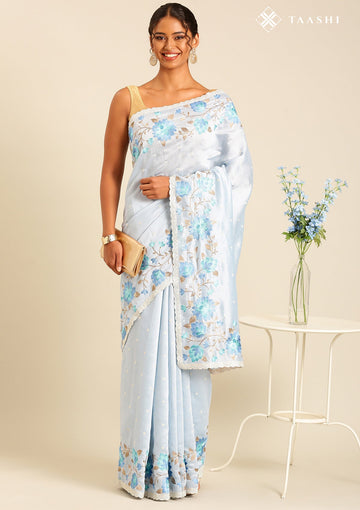 Powder Blue Linen Contemporary Embroidered Saree
