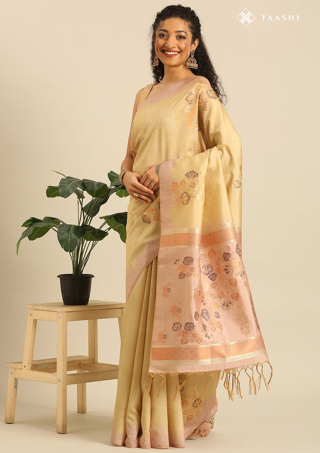 Pastel Yellow Tussar Contemporary Woven Saree