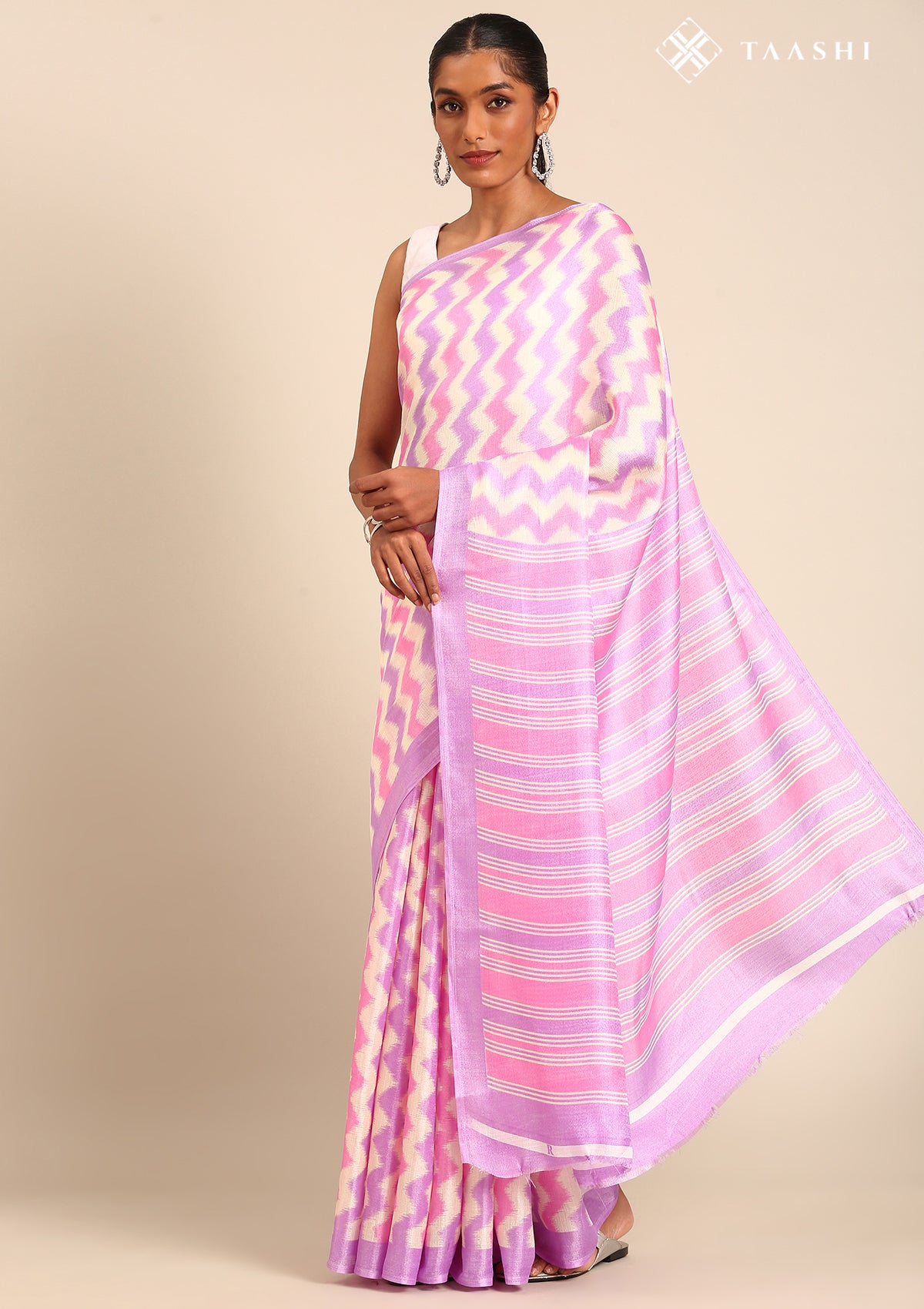 Cream Contrast Zigzag Printed Art Tussar Matka Silk Saree - Taashi