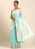 Sky Blue Traditional Temple Pattern Tussar Saree - Taashi