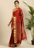 Marron Semi Kanchipuram Saree With Zari Temple Butta And Zari Temple Border Saree - Taashi