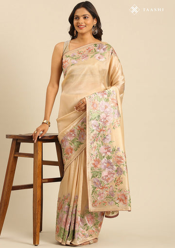 Beige Tissue Contemporary Embroidered Saree