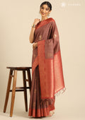 Mocha Mousse Floral Woven Tussar Saree - Taashi