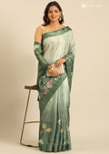 Dark Green Floral Printed Tussar Saree - Taashi