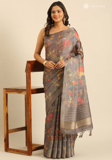 Grey Tussar Contemporary Printed Saree