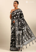 Black And White Floral And Tribal Pattern Woven Tussar Saree - Taashi