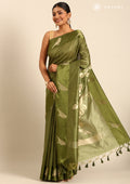 Olive Green Placement Jacquard Woven Tussar Saree - Taashi