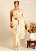 Pastel Olive Green Floral Embroiderd Linen Saree - Taashi