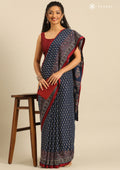 Indigo And Maroon Ajrakh Printed Cotton Saree - Taashi