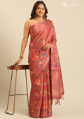 Dusty Pink Floral, Flamingo Printed And Zari Stripes Tussar Saree - Taashi