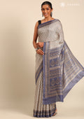 Cream And Blue A/O Floral Printed Art Tussar Matka Silk Saree - Taashi