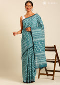 Teal Batik Floral Butta Printed Cotton Saree - Taashi