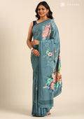 Dusty Powder Blue Floral Digital Printed Crepe Saree - Taashi