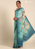 Powder Blue Digital Multicolor Floral And Textured Printed Crepe Saree - Taashi