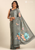 Grey Floral Digital Printed Crepe Saree - Taashi