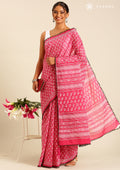 Pink Batik Floral Butta Printed Cotton Saree - Taashi