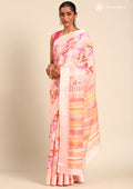 Pastel Pink Watercolor Floral Printed And Plaids Woven Linen Saree - Taashi