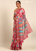 Dark Pink Watercolor Floral Printed Tussar Saree - Taashi