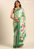 Green Floral Digital Printed Satin Saree - Taashi
