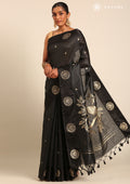 Black Peacock Jacquard Pattern Tussar Saree - Taashi