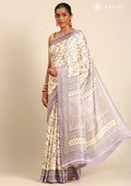 Cream And Mauve Jaal Floral Printed Art Tussar Matka Silk Saree - Taashi