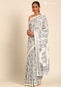 Cream And Grey Stylised A/O Paisley Pattern Linen Saree - Taashi