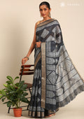 Dark Blue Abstract Printed Tussar Saree - Taashi