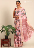 Pastel Pink Watercolor Floral Printed Tussar Saree - Taashi