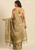 Dusty Olive Green Floral, Flamingo Printed And Zari Stripes Tussar Saree - Taashi