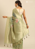 Sage Green Floral Printed Zari Woven Organza Saree - Taashi