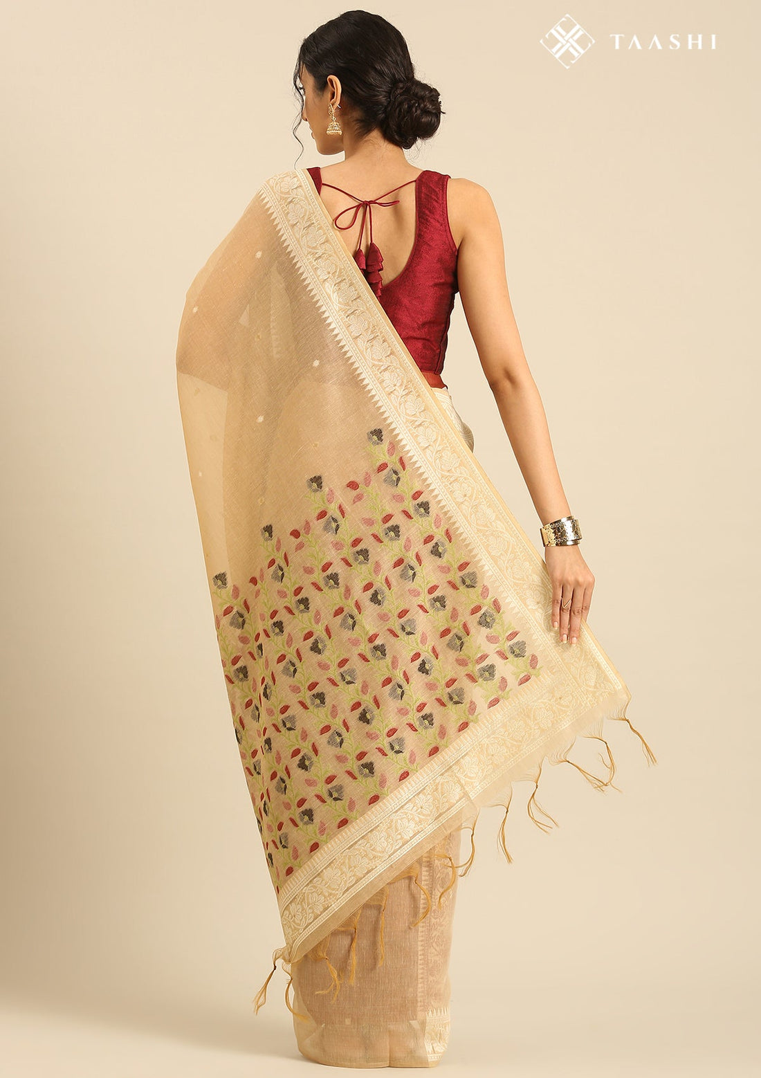 Beige Linen Woven Saree