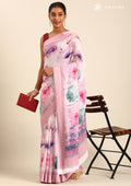 Pastel Pink Watercolor Floral Printed Georgette Saree - Taashi