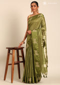 Olive Green Jacquard Pattern Placement Tussar Saree - Taashi