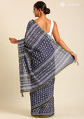 Navy Blue Batik Floral Butta Printed Cotton Saree - Taashi