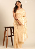 Beige Geometric Floral Woven Tussar Saree - Taashi