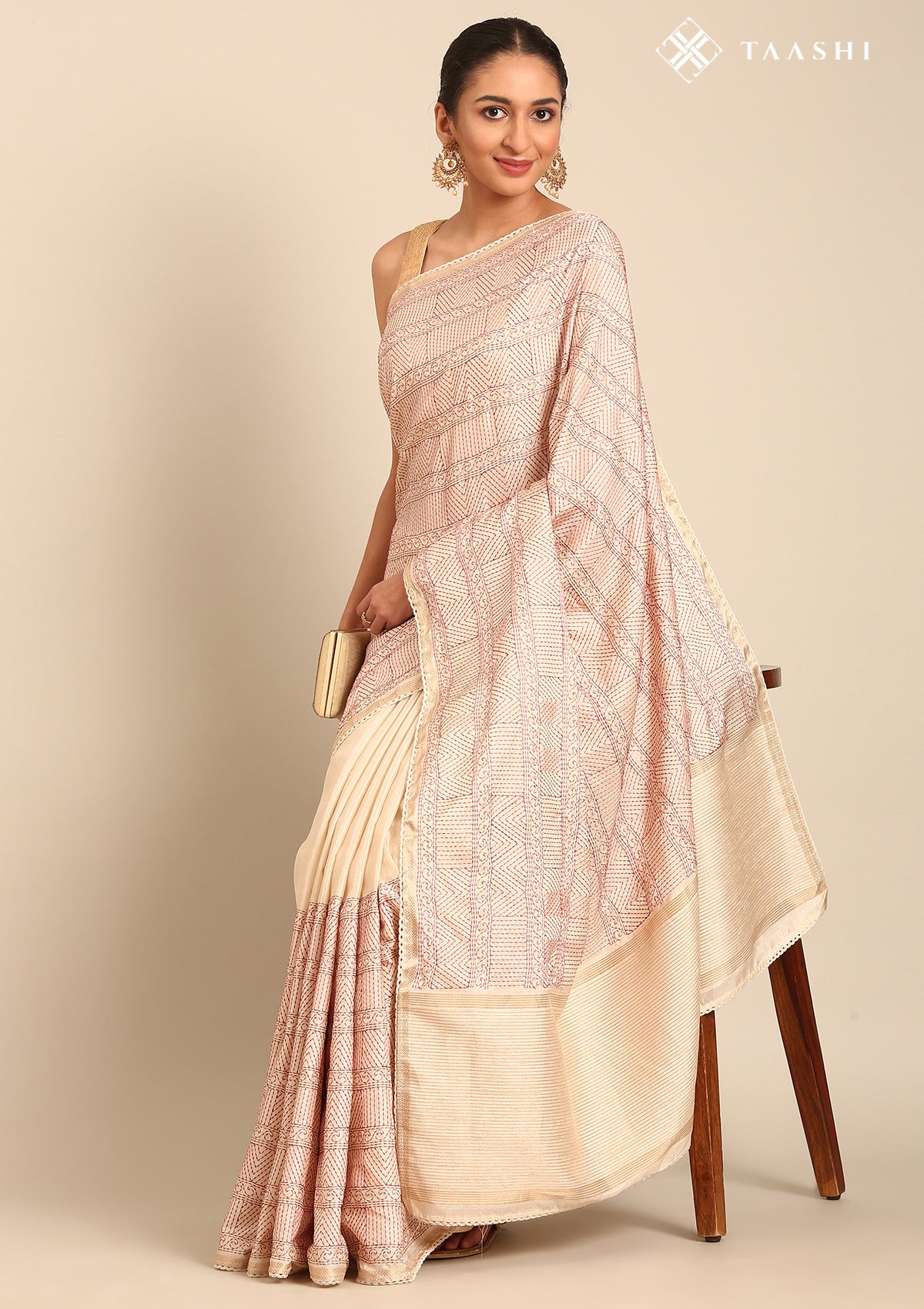 Cream Fancy Embroidery Tussar Saree - Taashi